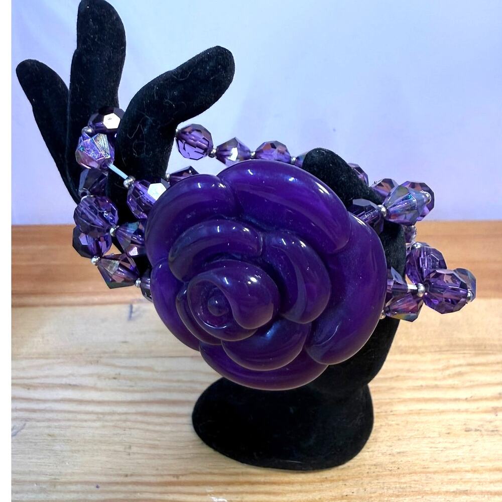 Purple Rose Statement Bracelet Multi Strand Faceted Beaded Chunky Floral